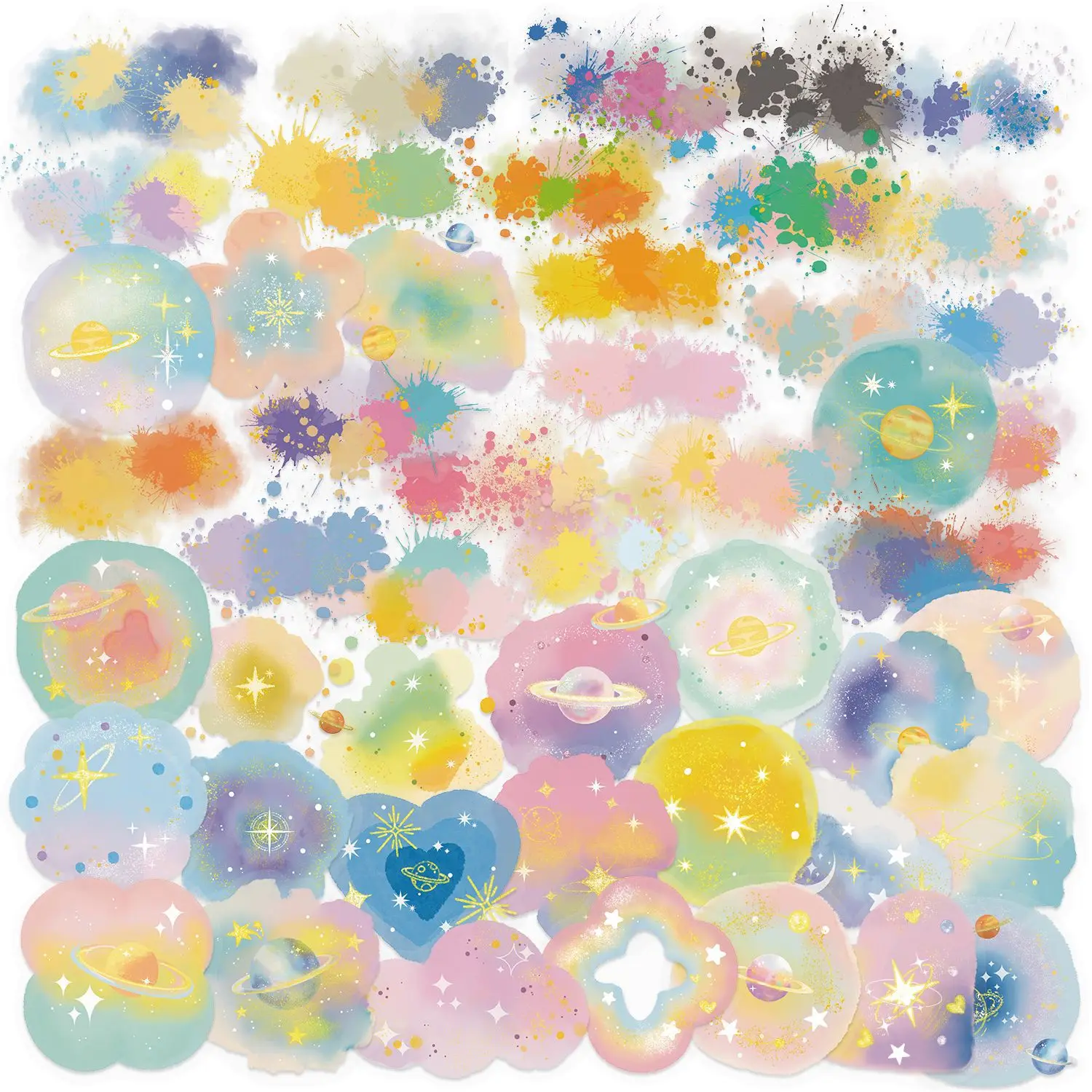 50 PCS Cartoon Watercolor & Universe Mystery Art Stickers Pack Waterproof Transparent PET Stickers Student Hand Account Material