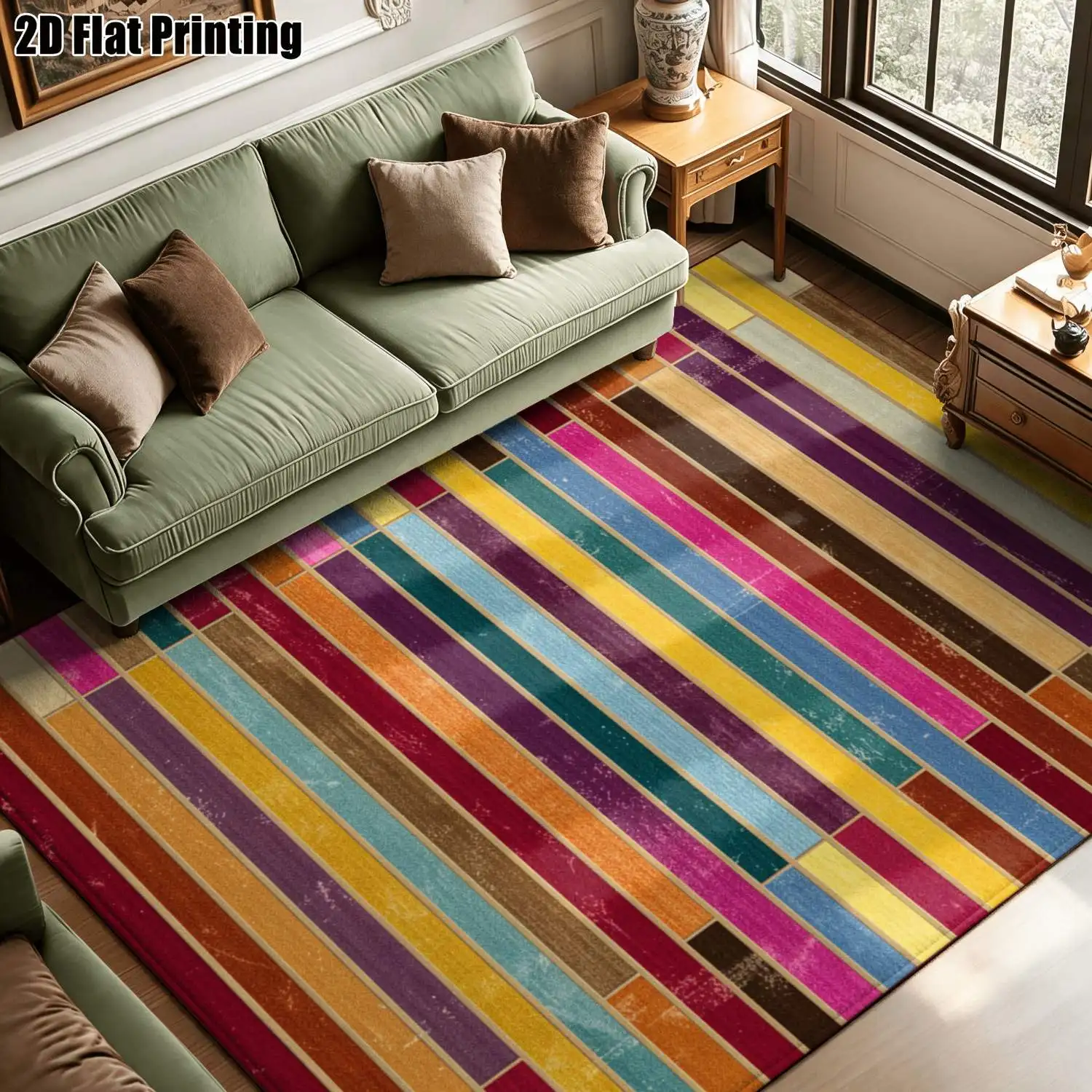 1Pc 2D Printed Retro Geometric Striped Carpet, European/Instagram Style Modern Simple Home Decor Carpet, Multi-Size Machine-Washable, for Entrance/Dining Room/Foyer/Living Room/Bedroom