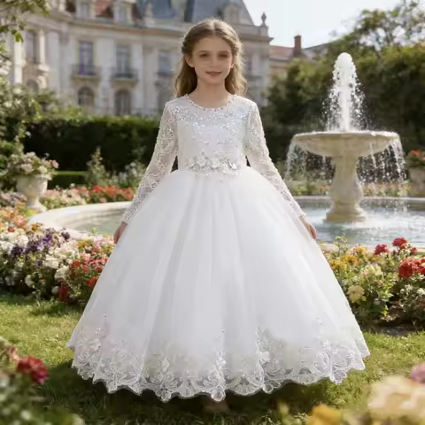 Children's Embroidered Party Evening Dress 3-12 Years Old Lace Long Sleeve White Wedding Long Princess Dress for Girls