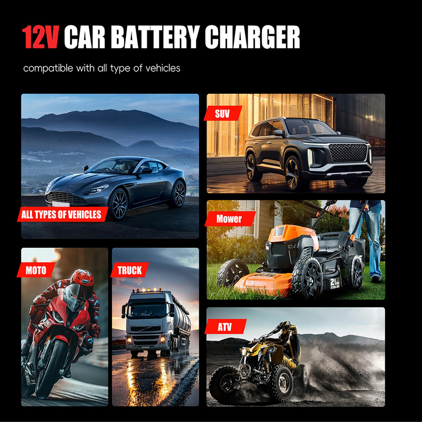 

6A 12V Car Battery Charger Battery Maintainer Electric Motorcycles Charger Moto Battery Charger for Lead-Acid AGM GEL Batteries