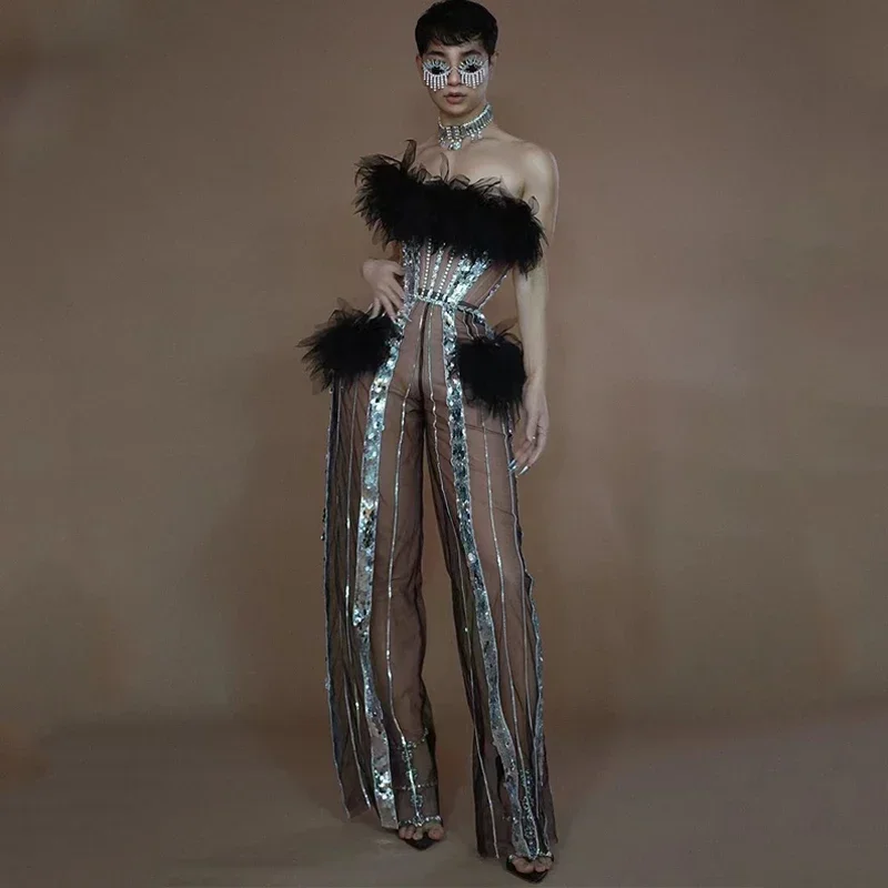 Sexy Mesh Transparent Pailletten Overall Frauen Pole Dance Kleidung Nachtclub Ds Dj Gogo Rave Outfits Drag Queen Kostüm XS7561