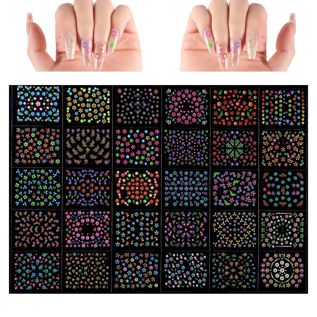30 قطعة من ملصقات الأظافر الفنية، ملصقات أظافر عصرية يمكن ارتداؤها على الطراز البسيط مع أنماط الزهور والقلب والفراشة #1