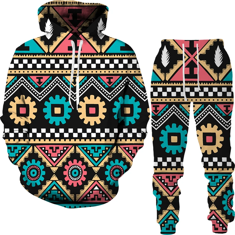 Hoodie Sets Ethnic Style 3D Printed Men Tracksuit Sets Casual Hoodie Oversized  Pants 2pcs Sets  Pullover Fashion Men Clothing