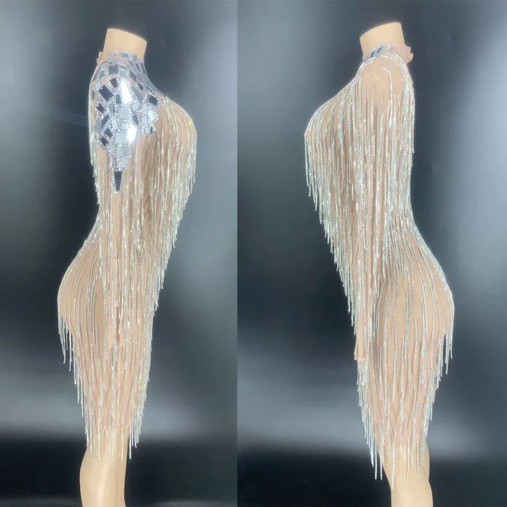 Błyszczące cekiny lustrzane odblaskowe kryształowe frędzle kobiety ubierają Backless sukienka z długim rękawem strój do klubu nocnego kostium na przyjęcie urodzinowe