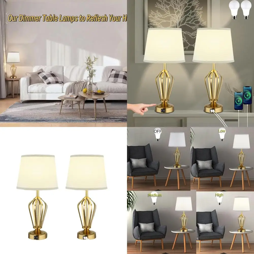 

Set of 2 Touch-Dimmer Table Lamps with USB Ports, Gold Spiral Base, Warm White Bulbs Included for Bedroom/Living Room