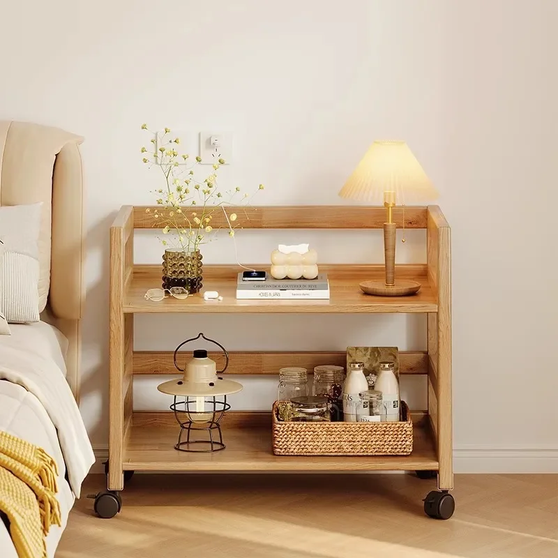 for Log Color Solid Wood Bedside Table Shelf Floor to Ceiling Living Room Side Multi Layer Trolley Bedroom Removable Storage