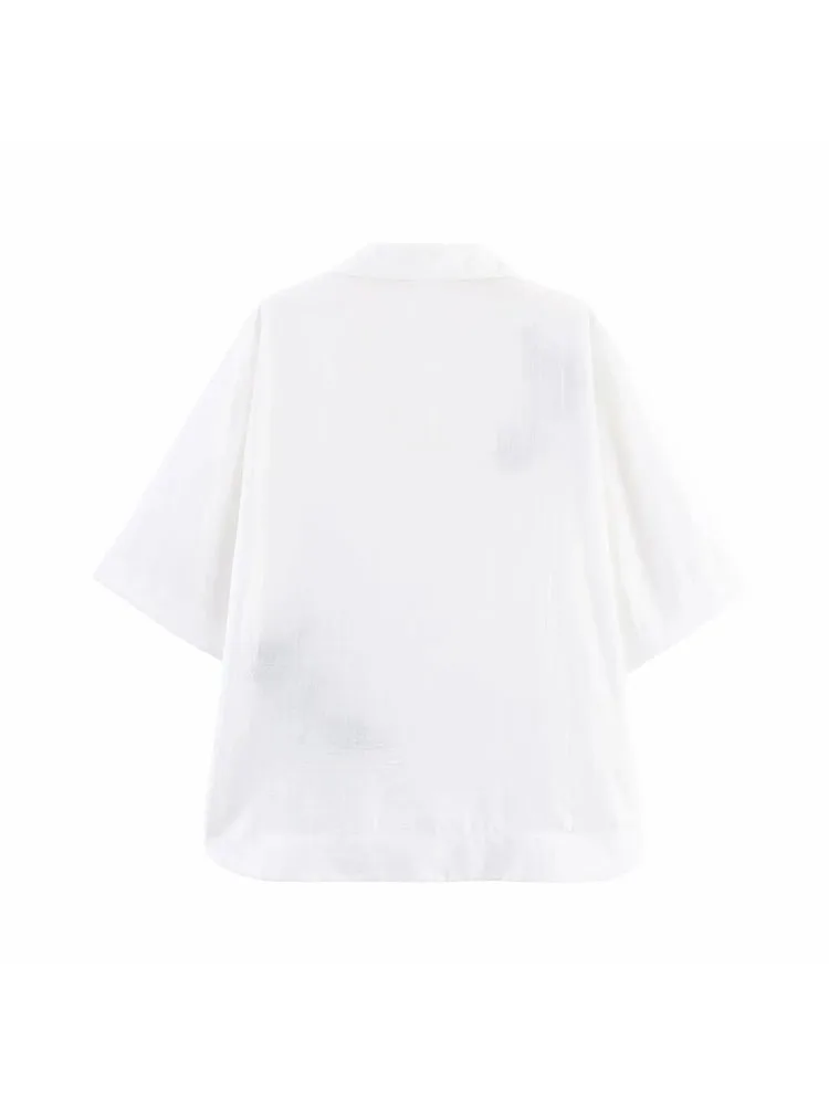 Vrouw Casual Chic Borduren Effen Pak V-hals Korte Mouw Blouse Losse Rechte Broek Mode 2025, Zomervakantie Pakken