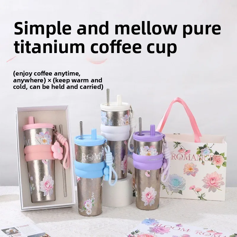 

Portable Coffee Mug 710ml Large-capacity Women's Car Thermos Cup With Straw And Handle,Double-layer Vacuum Flasks,Festival Gift