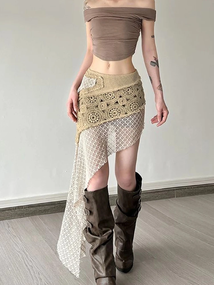 

Skirt Retro Crochet Color Block High Waist Women Summer New Indie Lace Patchwork Irregular Stylish Bodycon Short Skirts