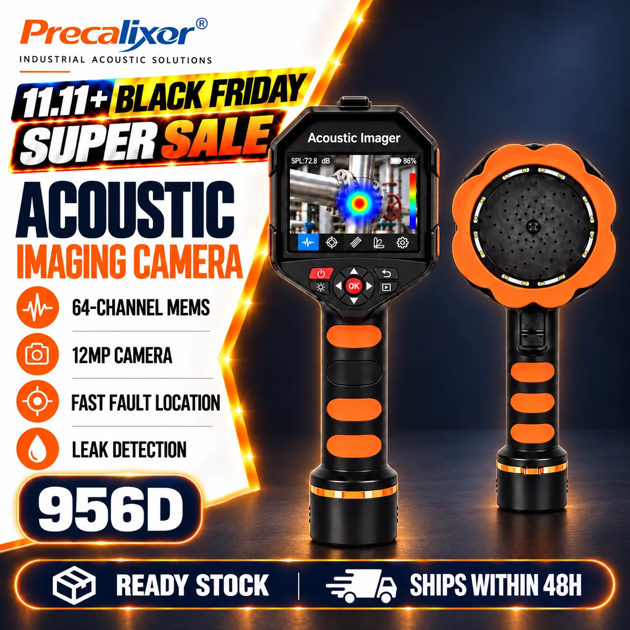 Ultrasonic Leak Detector Acoustic Imager 64 MEMS Mics 12MP Camera 2kHz-100kHz Compressed Air Gas Leak Tester HVAC Pipe