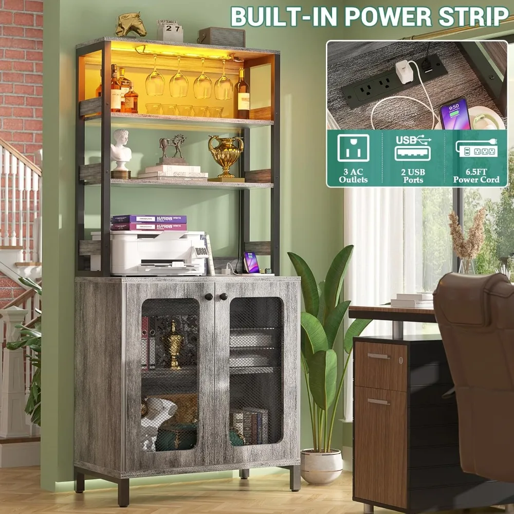 Armário de bar com tomadas de energia, armário alto de bar de vinho de 67 anos, armário de bebidas com luzes LED e suporte de vidro, estação de bar de café.