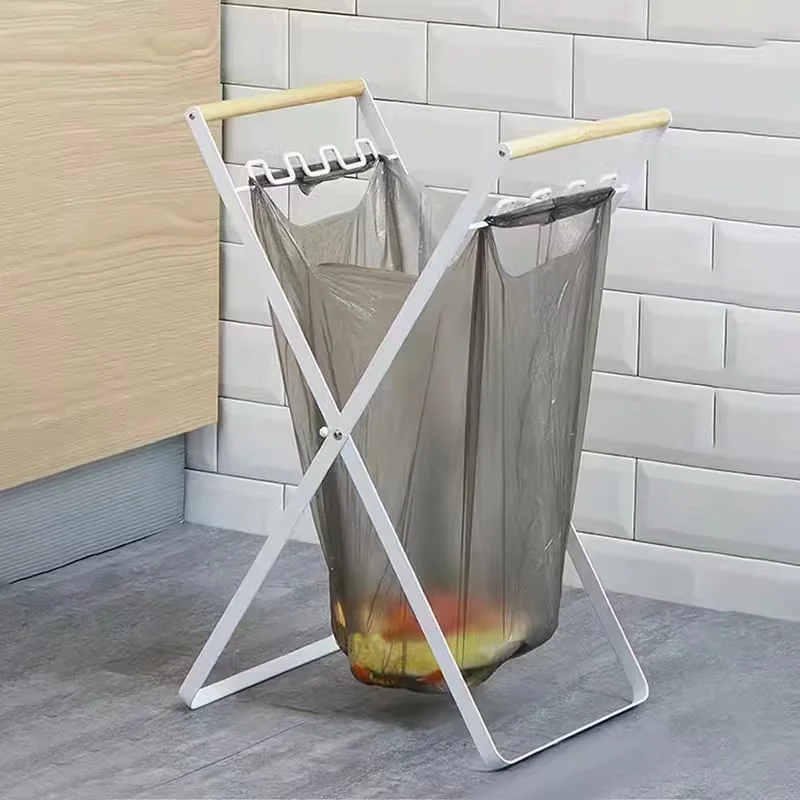 Metal Trash Bag Holder With Wood Handle Portable Kitchen Garbage Sorting Rack Separate Recycling Waste Bin For Camping