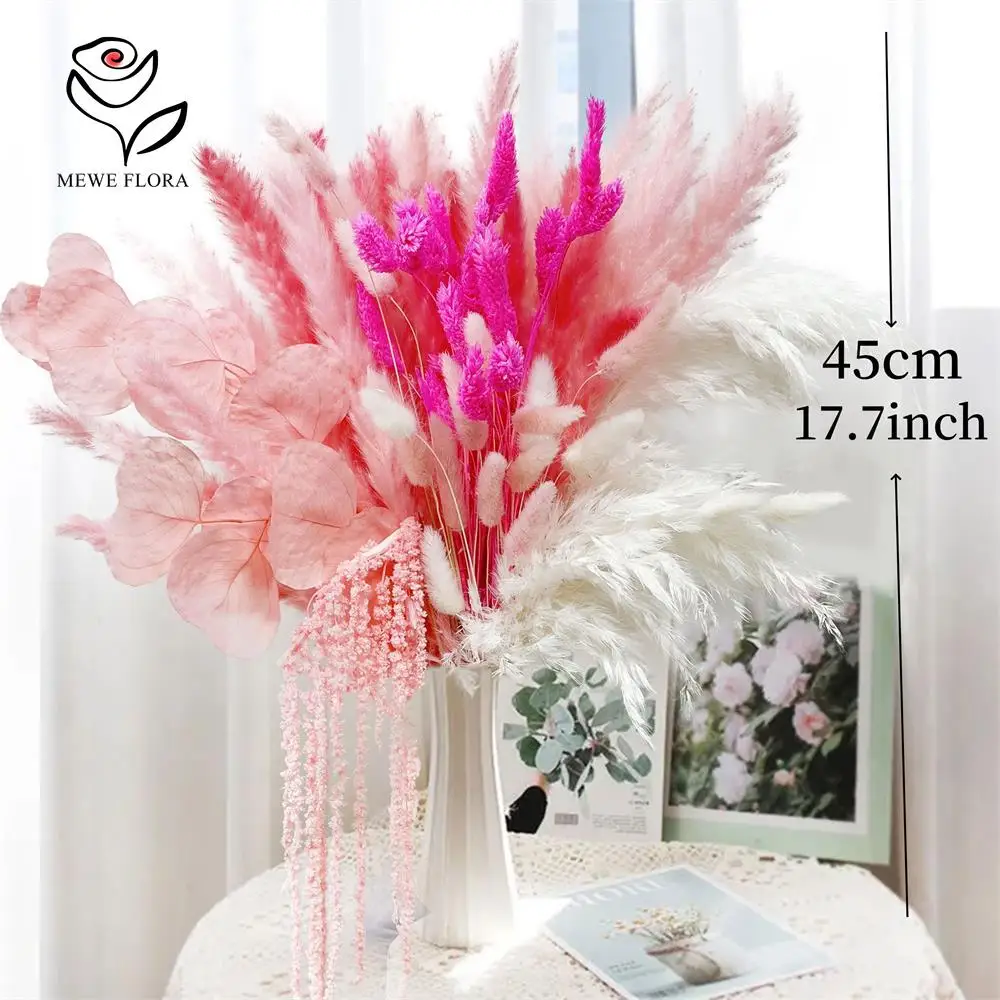 Natural Pampas Pink Dried Flowers Bunny Tails Gem Grass Bouquet Wedding Decor Eucalyptus Leaf Hanging Rice Home Vase Decoration