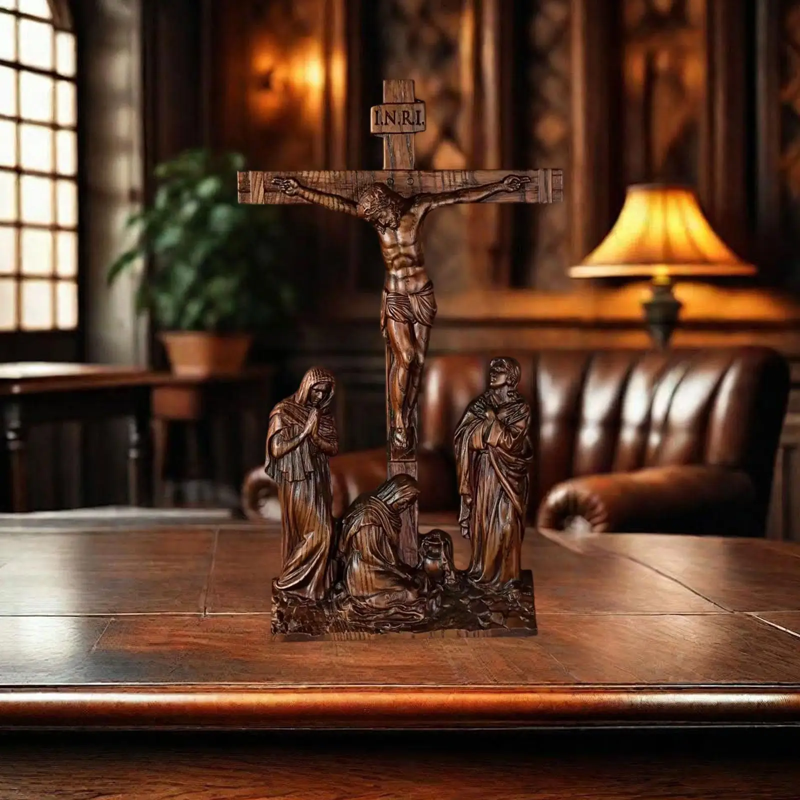Standing Crucifix Desktop Decoration 10 inch High Wooden Jesus on The Cross Statue for Home Decor Altar Chapel Prayers Tabletop