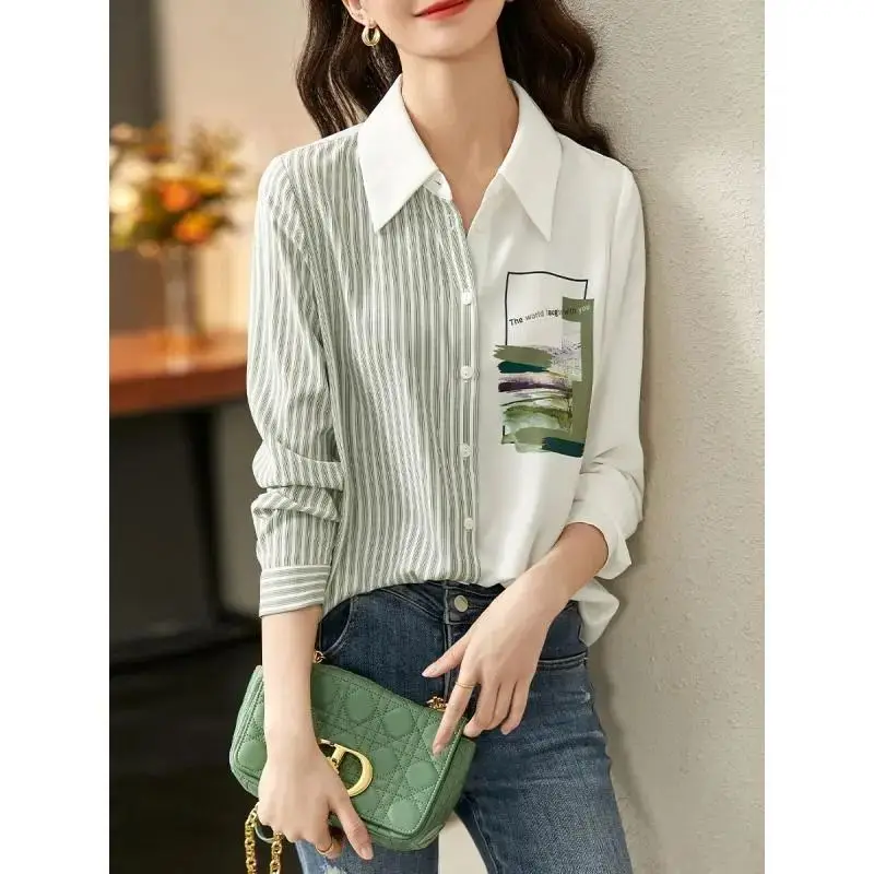 Female Casual Korean Striped Printed Spliced Blouse Fashion Commute Turn-down Collar Button Shirt Spring Autumn Women\'s Clothing