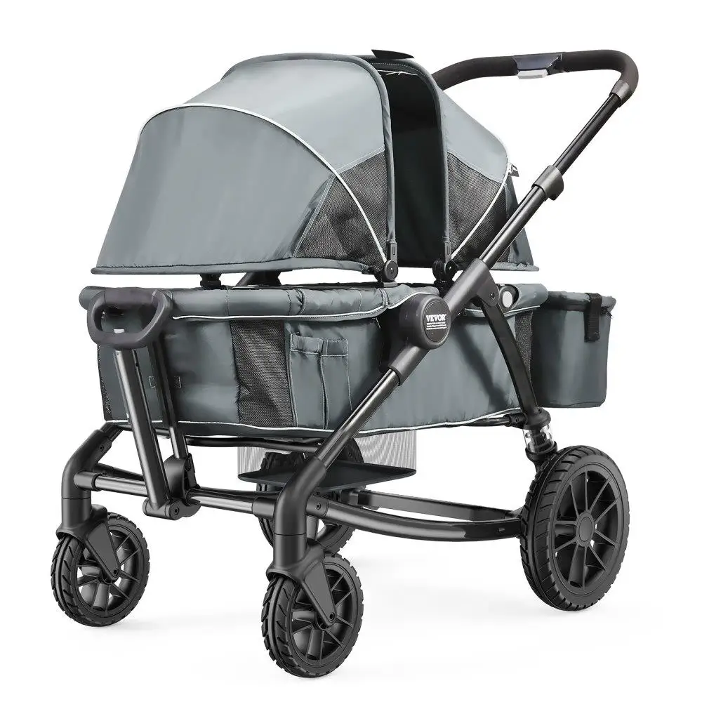 Foldable All Terrain Stroller Wagon for Two with Canopy Snack Tray and Parent Organizer Dark Grey Black
