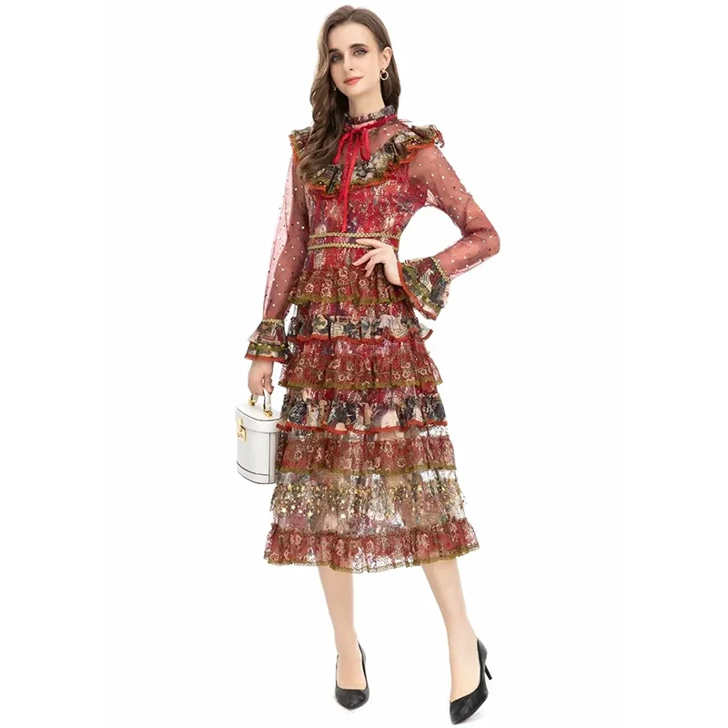 

Autumn Fashion Runway Dress Women's Flare Long Sleeve Lace Cascading Ruffles Printed Vintage Red Cake Dress