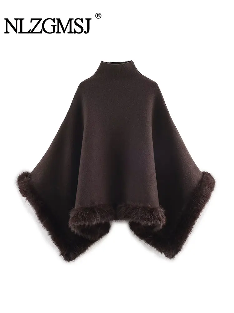 NLZGMSJ Autumn Women Fur Splice Cape Jacket New Fashion Loose Leisure Poncho Coat Elegant Hight Street Women Cloak ﻿Y2K