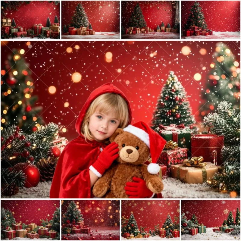 Christmas Decoration Backdrop Red Wall Xmas Tree Glitter Gold Gift Winter Snowflake Family Portrait Backgrounds For Photographs