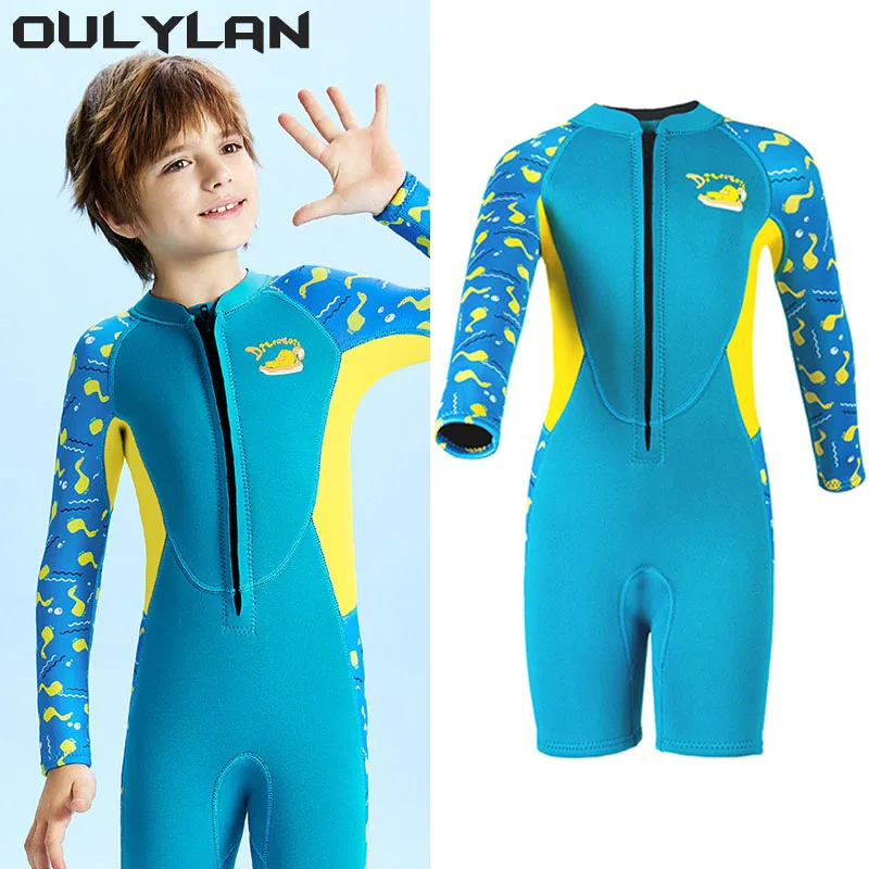 

Oulylan Long Sleeves Boys Surfing Children Snorkel One Pieces Kids Wetsuits 2.5MM Neoprene Swimwears Diving Suits