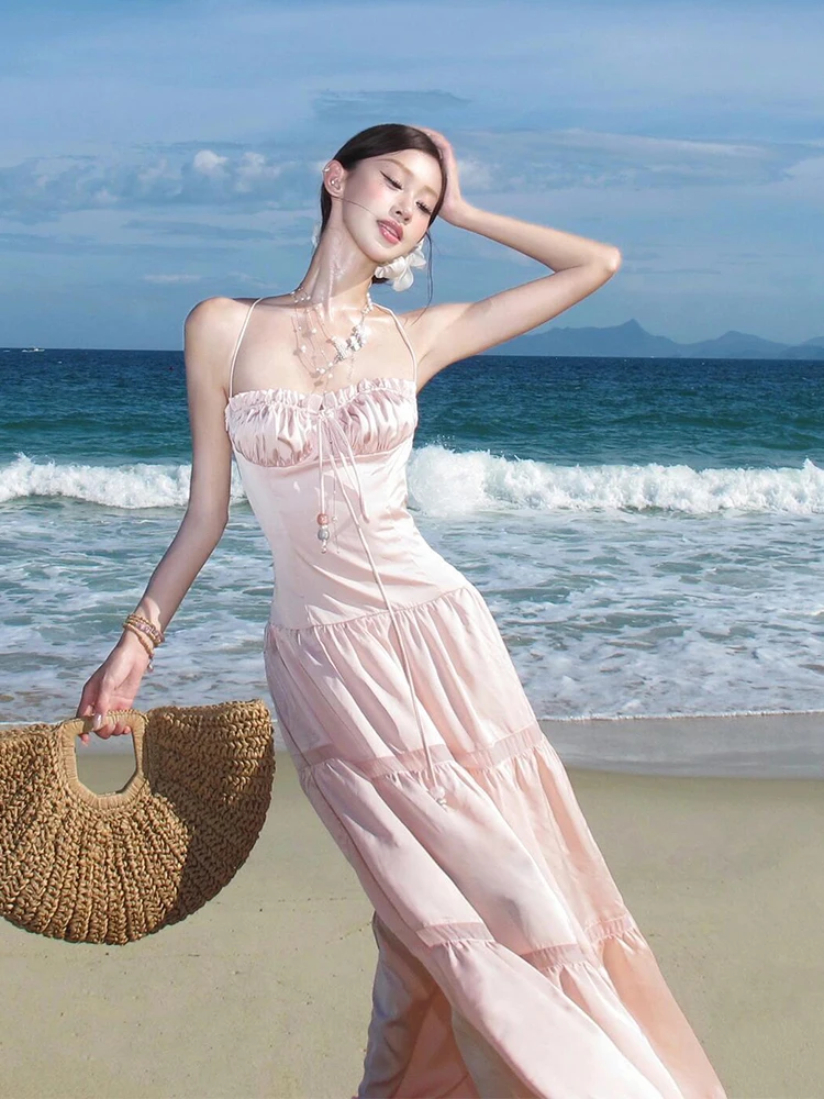 شاطئ Vaion الوردي الساتان تجمع حزام الخصر السفر الدكتور المرأة الصيف عطلة الشاطئ مطابقة قطعة واحدة الدكتور