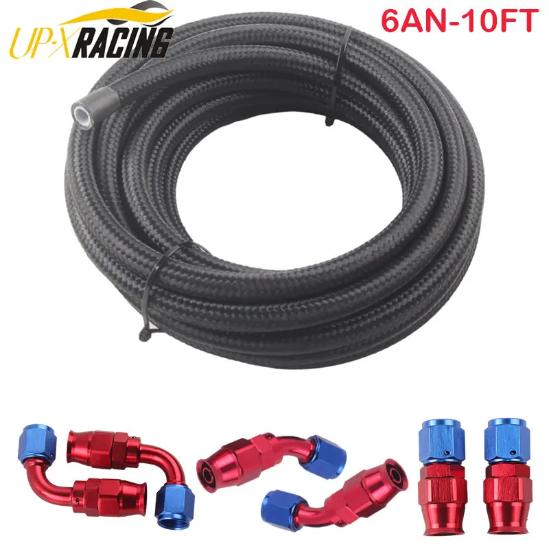 

3m/10ft An6/8/10 E85 Tube Nylon Stainless Steel Braided PTFE Black Fuel Line Fitting Kit with 6 pcs Swivel Hose Ends