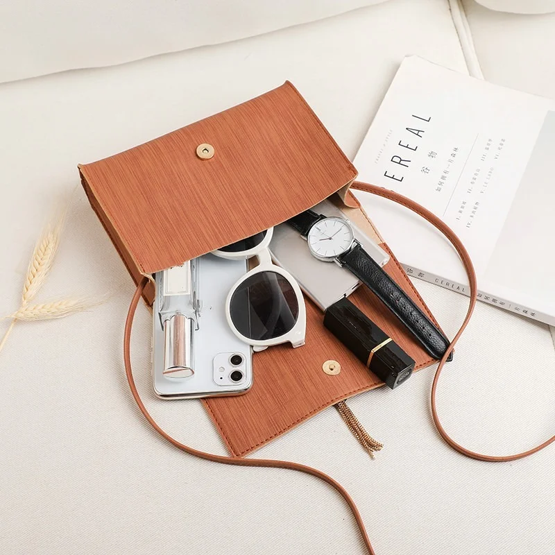 2024 Fashion Women Ladies Crossbody Handbags Solid Simple Small PU Leather Tassel Decor Casual Cellphone Shoulder Bags Purse image 5
