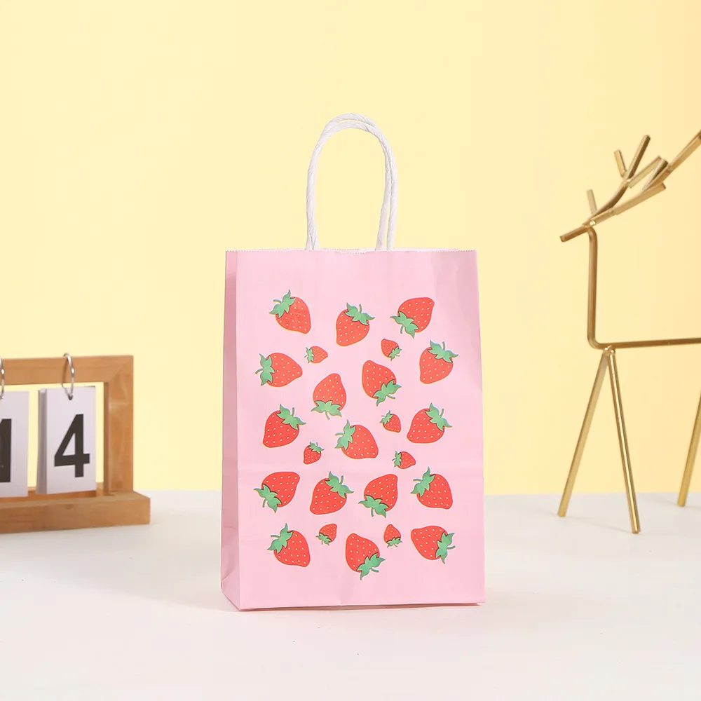 6pcs Sweet Strawberry Theme Paper Gift Packing Bags Cookie Candy Bag for Kids Girl Birthday Baby Shower Party Decoration