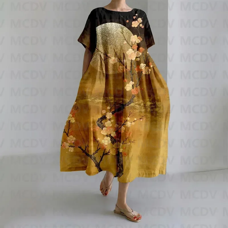 Vintage Plum Blossoms & Moon Art Women's Casual Midi Dress