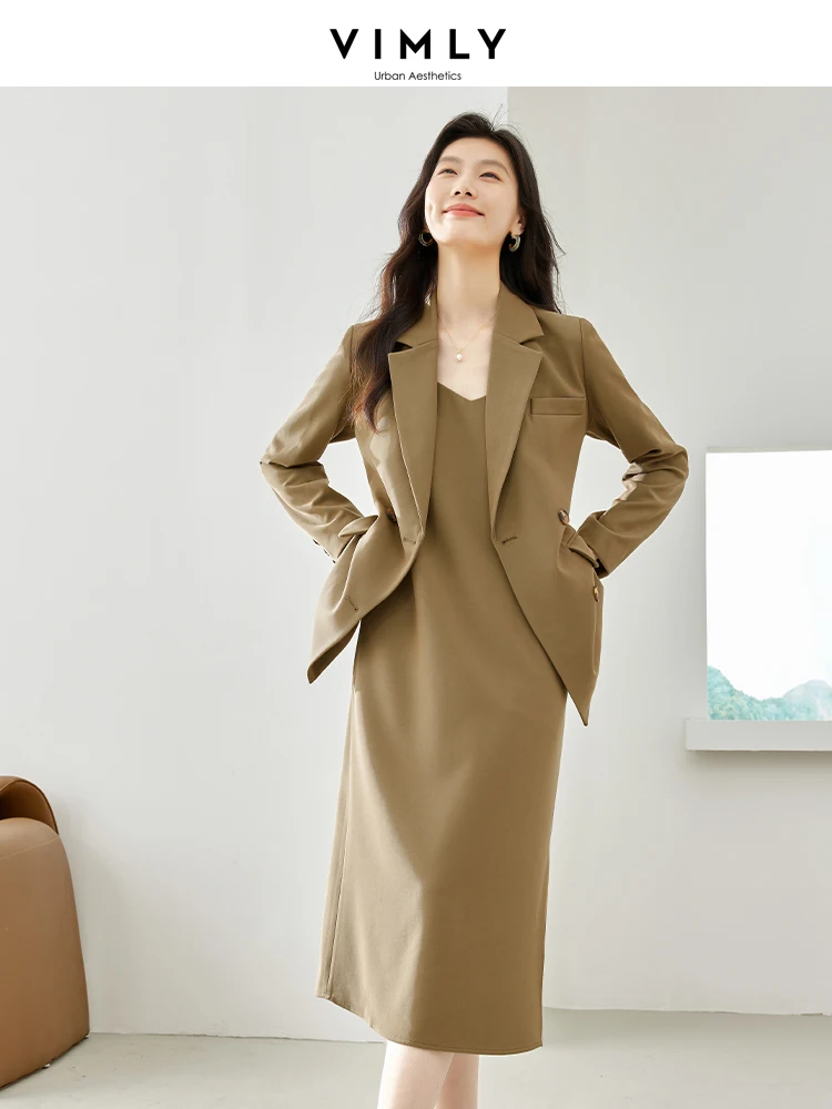 Vimly Women Blazer Suit 2024 Elegant Fashion Office Wear 2 Piece Womens Outfits Strap Midi Dress Jacket Female Clothes M3535