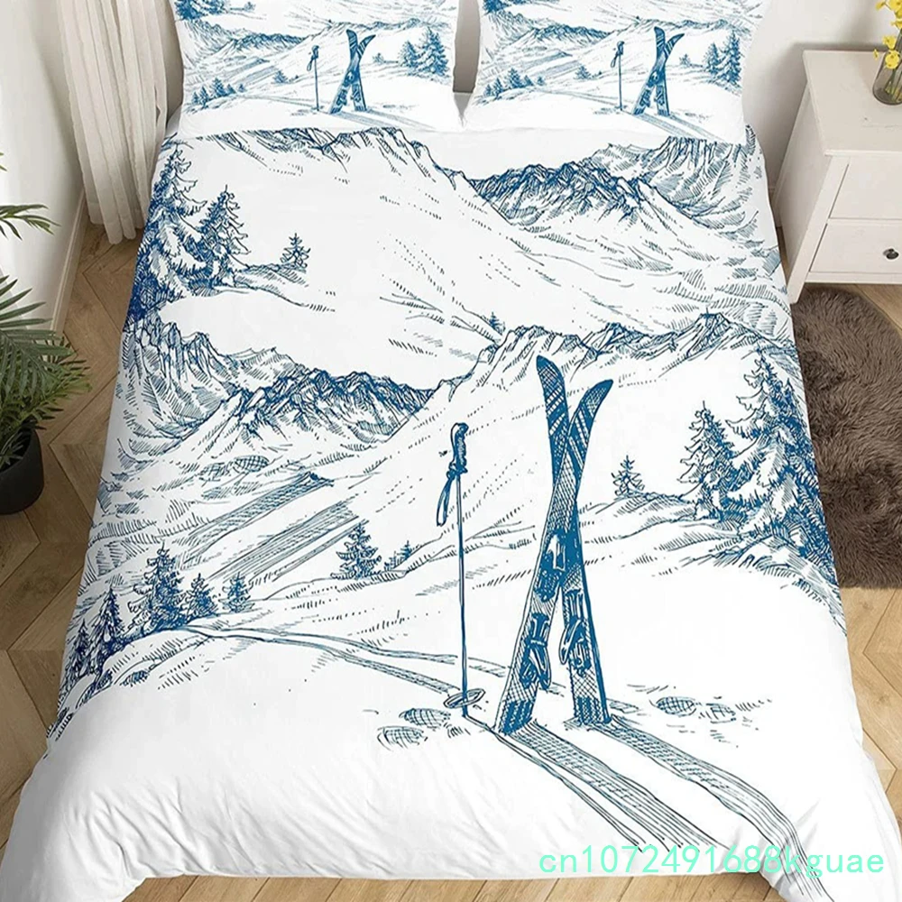 Winter Ski Sports King Queen Duvet Cover Snow Skiing Bedding Set Cartoon High Mountain Landscape 2/3 Pcs Blue White Quilt Cover