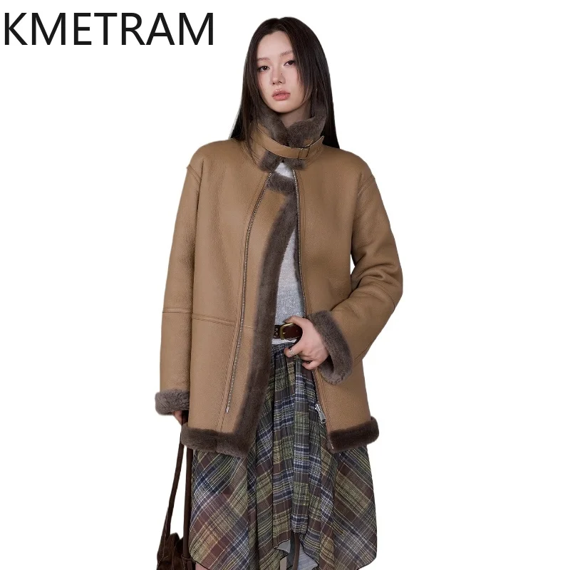 KMETRAM 100% 메리노 울 양가죽 양털 재킷 여성용 바이커 리버시블 리얼 퍼 코트 겨울 의류 2025 여성용 코트