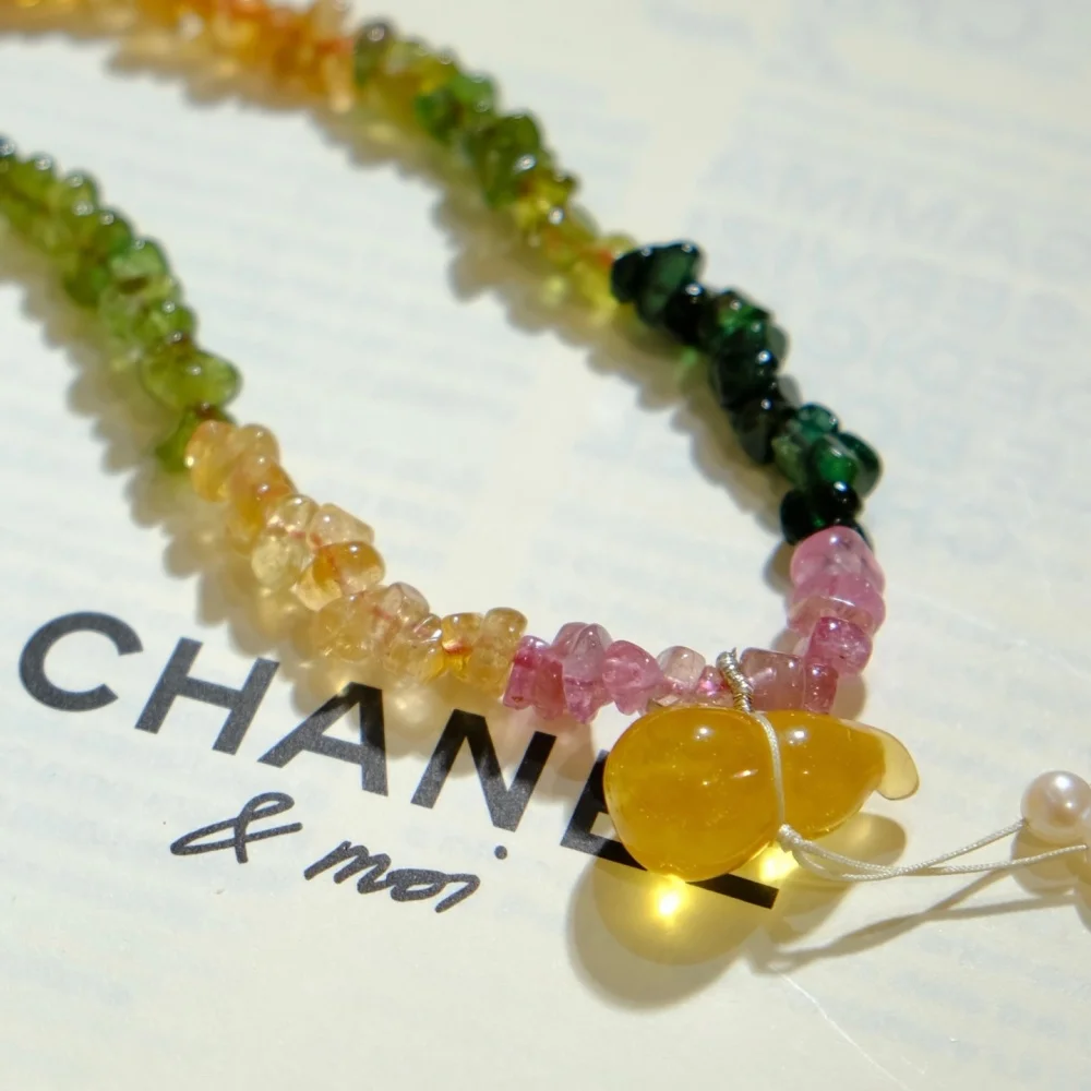 Natural Colored Tourmaline And Gourd Crystal Necklace Clavicle Lady Fashion Jewelry Healing Fengshui Lucky Gift 1PCS
