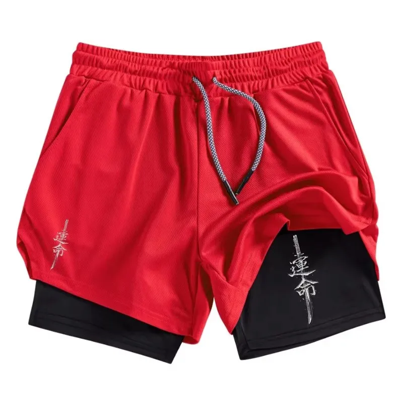 

Шорты 2 в 1, мужские спортивные быстросохнущие шорты с самурайским принтом и карманом для телефона для летнего фитнеса
