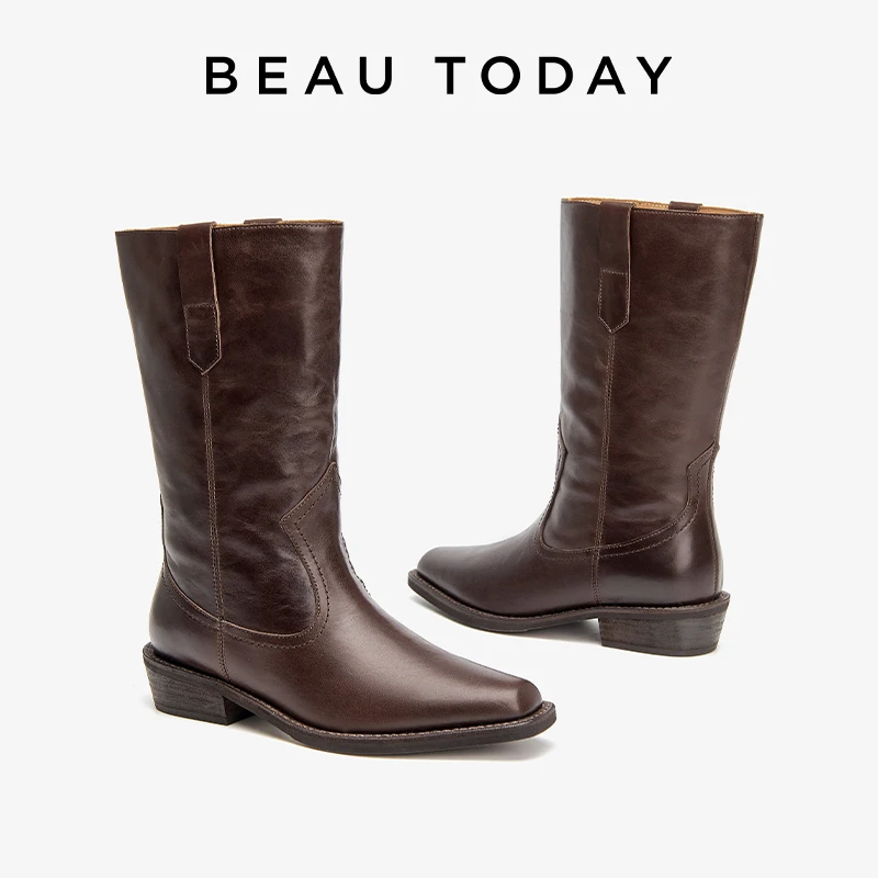

BEAUTODAY Mid-Calf Boots Women Genuine Cow Leather Sewing Design Square Toe Slip-on Retro Ladies Shoes Handmade 06130
