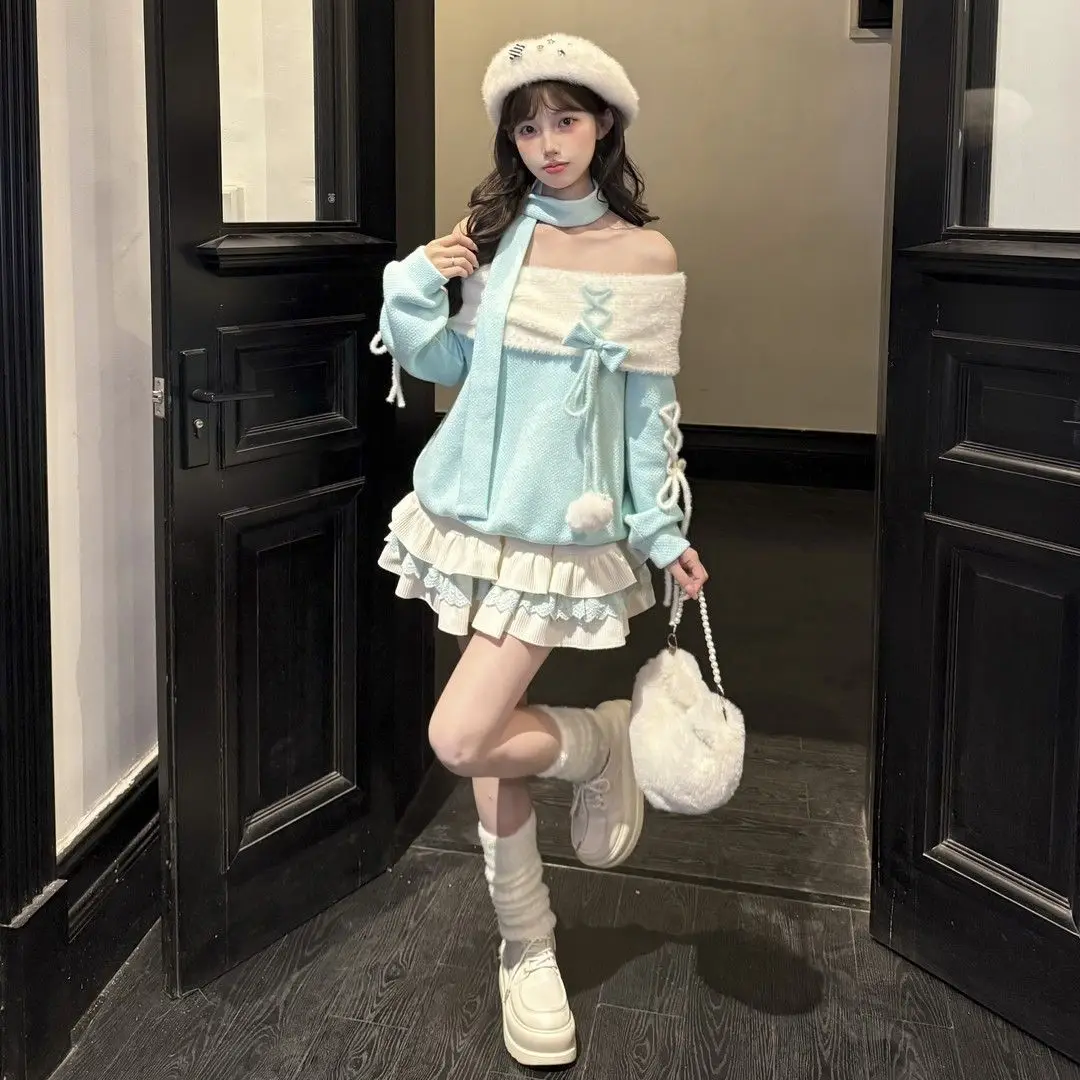 

Japan Soft Gentle Style Word-Block Color-Blocked Long-Sleeved Tops Plus Size Two-Piece Set Autumn Slimming Cake Skirt For Women