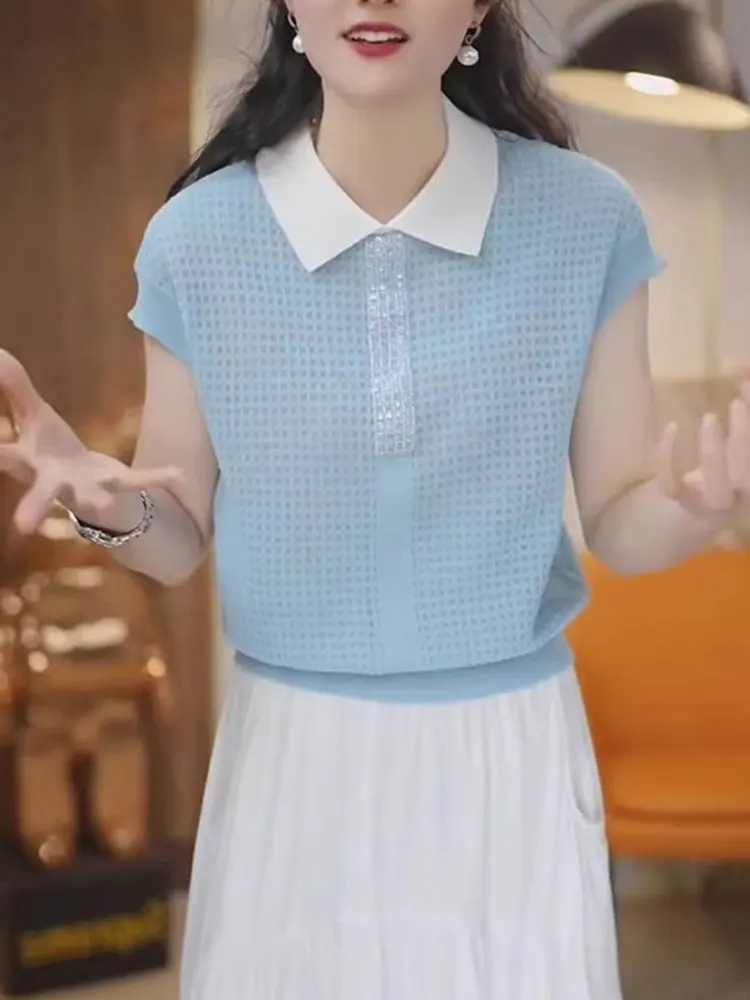 Korean Sle  Ne Ice Silk Knitted Top Women's Casual Boting irt Summer 2025 Faionable Base Layer T-irt