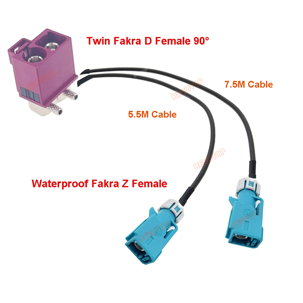 BEVOTOP Custom-made Fakra Splitter Cable Twin Fakra D Female 90° to 2 Waterproof Fakra Z Female Jack Antenna Adapter Pigtail