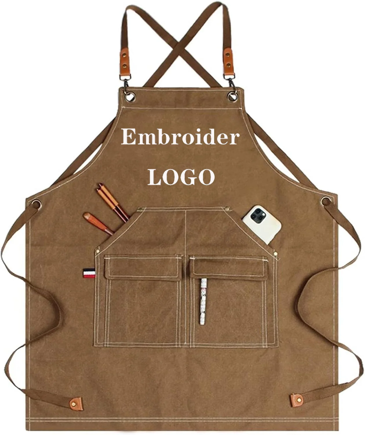 

Пользовательский вышиваемый логотип произво Canvas Фартук для мужчин, сверхпрочный рабочий фартук с карманами, водонепроницаемый износостойкий фартук для инструментов