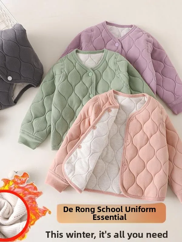 

Children's Winter Thermal Cotton Jacket 3-Layer Sandwich Warm Casual Top Boys Girls Inner Wear Thickened Long Sleeve round Neck