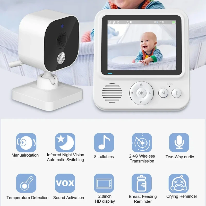 

2.4G Wireless Baby Monitor 2.8inch Video Monitor 720P Security Baby Camera 2Way Talk Night Vision Temperature Baby Cry Alarm Cam