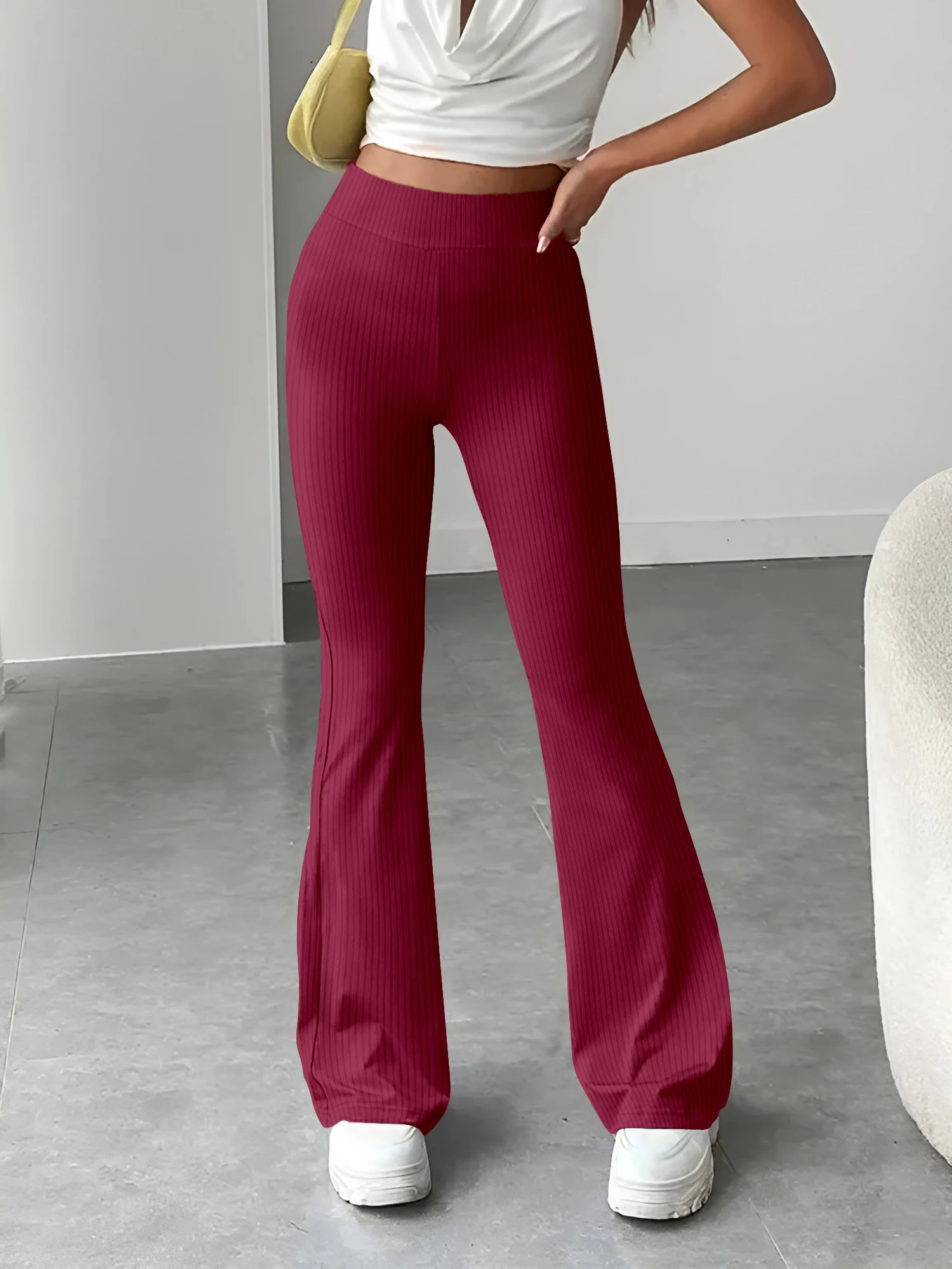 سراويل كاجوال مضيئة محبوكة عالية الخصر للنساء، سراويل طويلة رفيعة، قابلة للترشيح، متعددة الاستخدامات