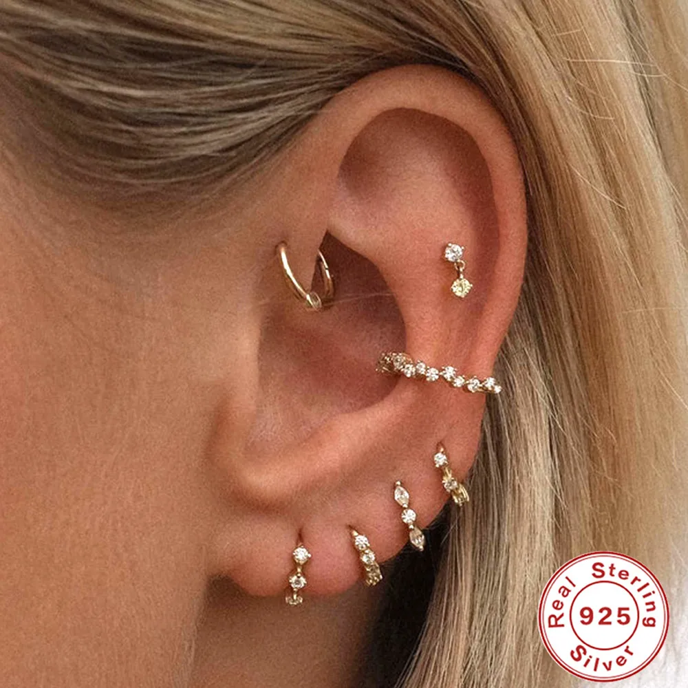 ROXI 100% 925 Sterling Silver Geometric Single Row Crystal Cartilage Piercing 10mm Ear Buckle Wedding Jewelry For Women 1 Piece