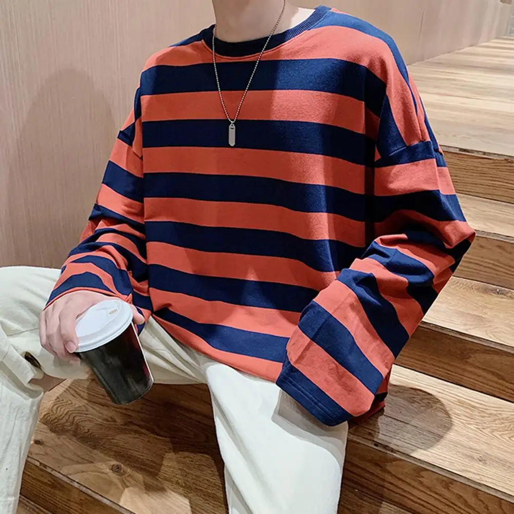 Men Cotton Purple Striped Tops Slim Fit t shirt Harajuku Tshirt Summer Long Sleeve Korean Feminina oversized t shirt