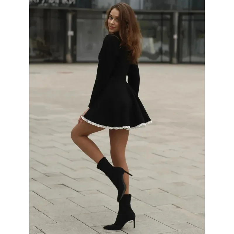 Jinia black lace mini dress for women fashion patchwork high waist elegant vintage dress summer patchwork party dress gown 2025