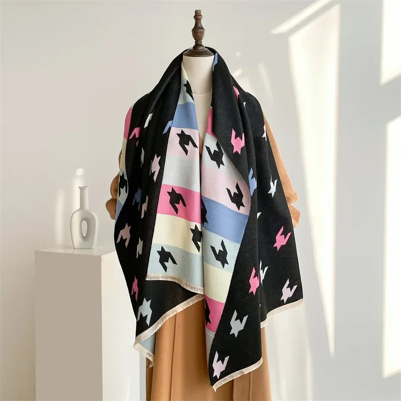 Winter warm fashion high sense age reduction scarf double-sided printing color thousand birds grid imitation cashmere shawl