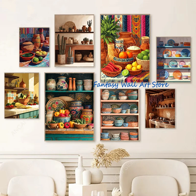 Talavera Pottery Mexican Kitchen Produce Still Life Colourful Mexican Rustic Western Home Poster Canvas Painting Wall Pictures
