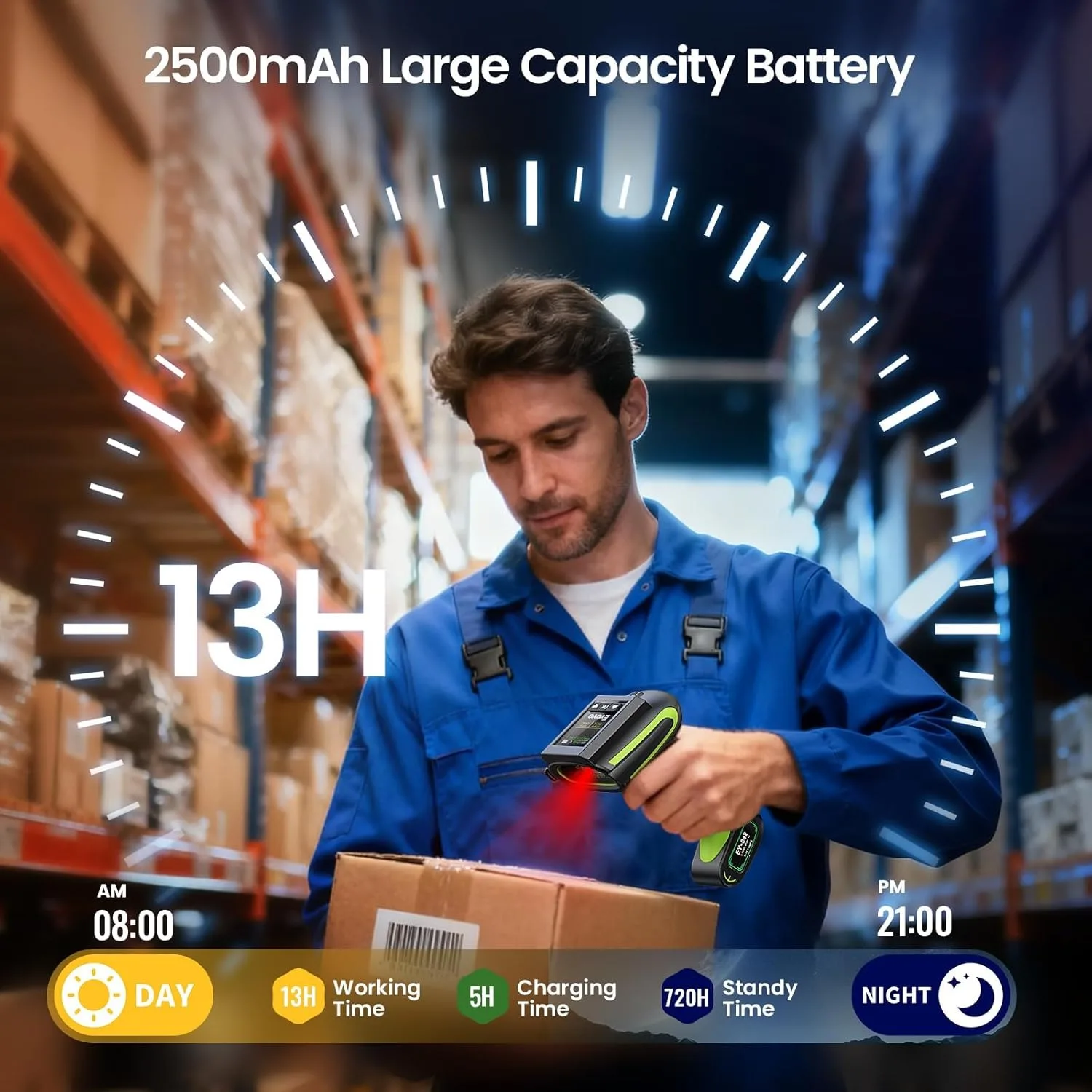 Skaner kodów kreskowych Eyoyo Industrial z ekranem, 3-w-1, wodoodporny, bezprzewodowy czytnik kodów 1D 2D Bluetooth z stacją ładującą. — zdjęcie produktu 4
