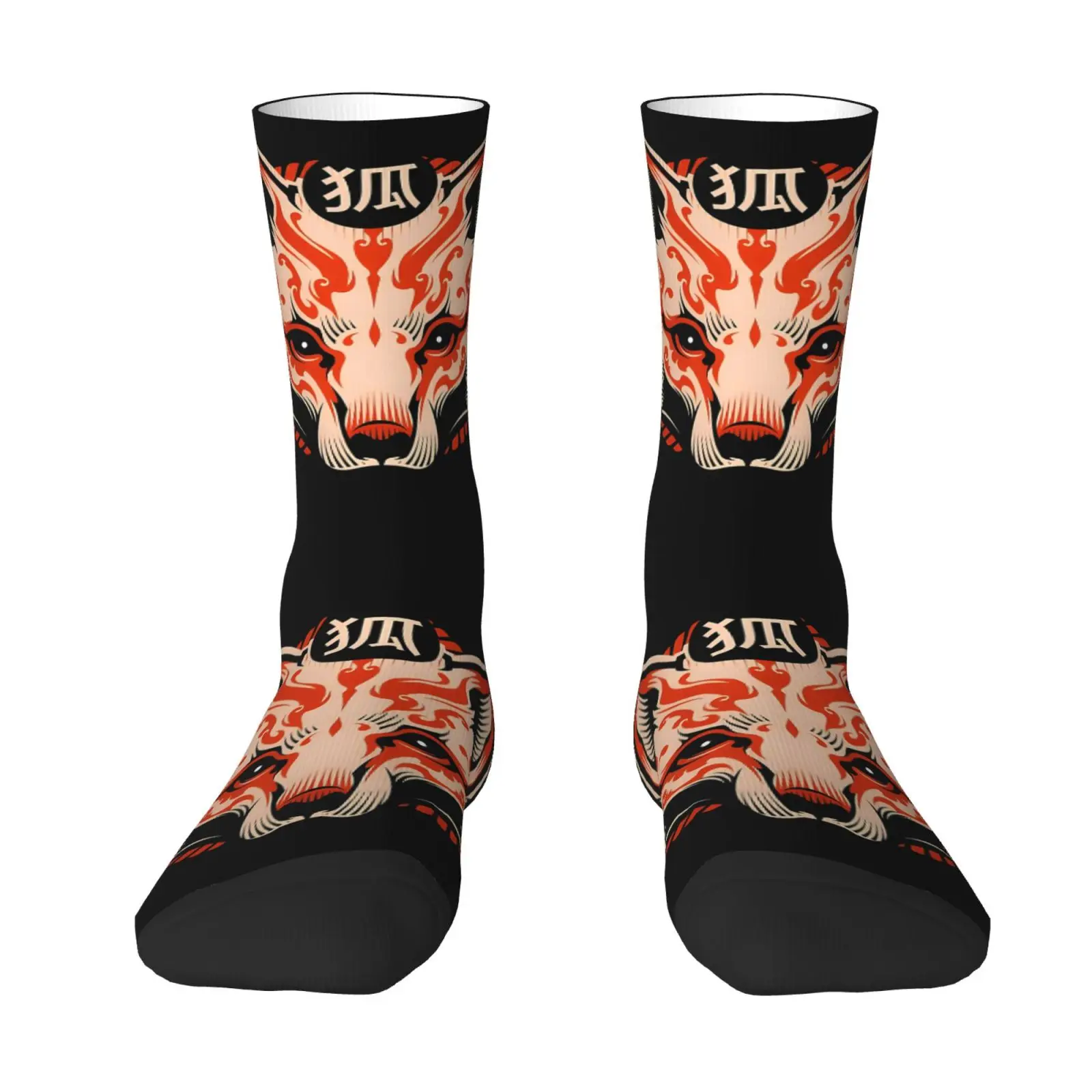 Vintage Japanese Kitsune Fox Crew Socks Oriental Fox Pattern Mid Calf Socks For Men Women