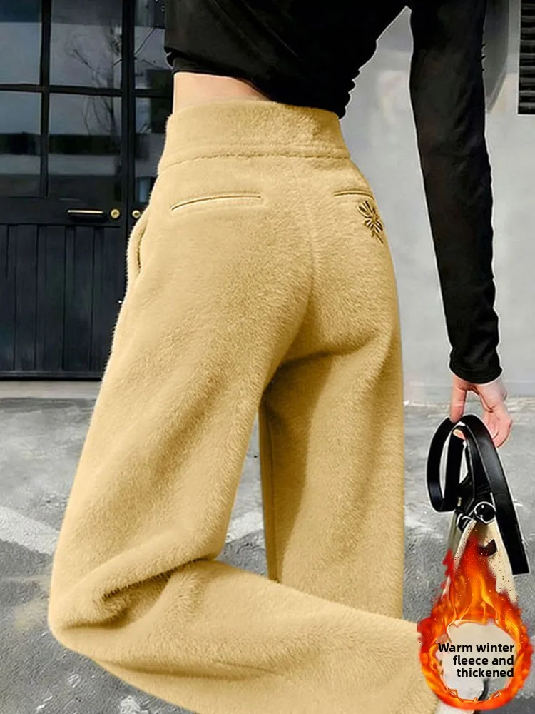 

Faionable High Waist Thiened Fce Lined Corduroy Straight Leg Pants Women's Autumn Winter Khaki Color Slimming Trousers